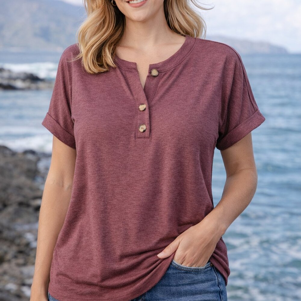 Automet Women's Cranberry Colored Cuff Short Sleeve Tee/Top M